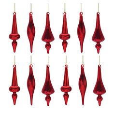 twelve red glass christmas ornaments hanging from strings