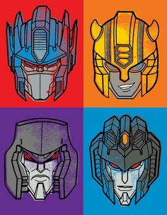 four different colored images of the head of an opttroid robot from the movie