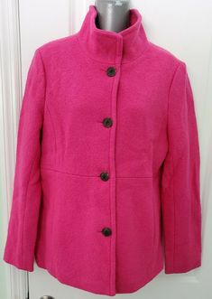 Land's End womans PINK wool blend coat Size 6.  PINK 51% wool and 49% rayon = warmth and keeps it's shape. PINK 100% polyester lining. Waist to show off your size 6! Please review all photos and measurements as they are part of the description. Measurements: 38" bust 36" waist 25" sleeve 16" shoulder to shoulder 26.5" length All measurements taken laying flat. Thanks for looking. Fitted Pink Wool Outerwear, Pink Fitted Wool Outerwear, Pink Wool Coat For Workwear, Pink Single Breasted Wool Coat For Fall, Pink Single-breasted Wool Coat For Fall, Casual Pink Wool Outerwear, Pink Wool Coat For Fall, Pink Fall Pea Coat With Button Closure, Land's End