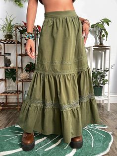 Women High Waist Y2k Long Skirt Solid Color Western Retro Lace Patchwork Summer Pleated Flowy Beach Green Skirt Fall, Y2k Long Skirt, Army Green Skirt, Beach Maxi Skirt, Grunge Skirt, Skirt Streetwear, Midi Skirt Pattern, Ruffle Hem Skirt, Lace Midi Skirt