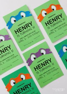 four green and orange flyers for henry is turning 5, including one with an eyeball