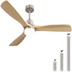 a ceiling fan with three blades and two light bulbs on each side, measurements for the blades