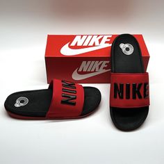 GREETINGS FROM SHOENANZA NIKE MENS SLIDES STYLE NAME: OFFCOURT SLIDE STYLE NUMBER: BQ4639 002 NEW WITH BOX (BOX IN PHOTO IS FOR DISPLAY ONLY) U.S. SIZE: MENS 11 MEDIUM U.K. SIZE: 10 EUR SIZE: 45 STYLE: OPEN TOE SLIDES COLOR: RED WITH "NIKE" IN BLACK UPPER: SYNTHETIC STRAP CONTOURED FOOTBED LEGAL STUFF If there are any smudges or minor scuffs on the soles of the shoes, it is from being tried on in the department store. Your Manufacturer's Box (if included) may differ from display box in photo. Ma Shoe Model, Mens Shoes Sandals, Mens Slides, Nike Mens, Slides Shoes, Digital Technology, Department Store, Black Sandals, Nike Men