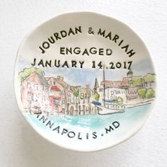 Unique engagement gift for couple keepsake 3.75"  ring dish handmade from soft clay with hand drawn and painted image of the couples proposal site; personalized with names and engagement date.  A wonderful way to memorialize a very special date.   Please note that I do not paint portraits of people.  CURRENT TIME FRAME TO CREATE THESE KEEPSAKES IS ABOUT 5-6 WEEKS. Due to the handmade nature of the gift, it cannot be rushed.1)  Please include the names and engagement or wedding date in the notes Custom Ring Dish, Custom Engagement Gifts, Unique Engagement Gifts, Personalized Engagement Gifts, Engagement Party Gifts, Engagement Presents, Engagement Gifts For Couples, Custom Ring, Personalized Couple