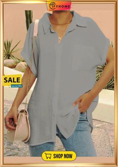 Women Solid Color V Neck Short Sleeve Casual Tunic Blouse Casual Non-stretch Short Sleeve Shirt, Summer V-neck Gray Blouse, Non-stretch Short Sleeve Summer Shirt, Casual Collared Blouse For Summer, Casual Collared Summer Blouse, Casual Summer Collared Blouse, Trendy Solid Color Blouse For Day Out, Casual Solid Non-stretch Shirt, Casual Non-stretch Shirt