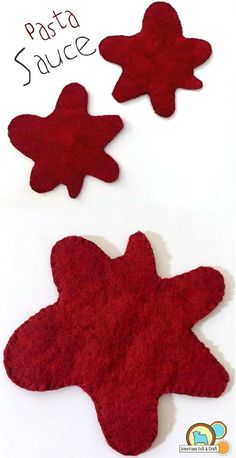 three red felt shapes are shown on a white surface with the words posto sauce written below them