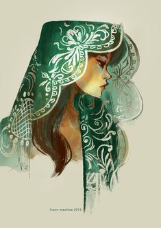 a painting of a woman wearing a green hat with intricate designs on it's face