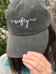 Wifey Handwriting Script Baseball Cap - Engagement Gifts - Honeymoon Hats - Bridal Shower Gifts Gray Hats With Letter Print And Curved Brim, Gray Hat With Letter Print And Curved Brim, Gray Curved Brim Hat With Letter Print, Adjustable Gray Hat With Letter Print, Gray Everyday Baseball Cap, Everyday Gray Hat With Curved Brim, Gray Curved Brim Hat For Everyday, Curved Brim Hat With Letter Print, Handwriting Script