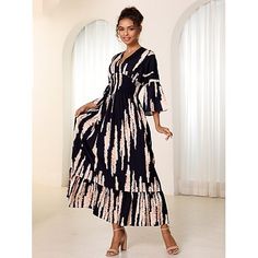 Season:Summer; Fabric:Polyester; Sleeve Length:3/4 Length Sleeve; Gender:Women's; Style:Elegant; Occasion:Daily; Fit Type:Loose Fit; Dresses Type:A Line Dress,Black Dress; Pattern:Tie Dye; Design:Print; Neckline:V Neck; Sleeve Type:Bell Sleeve; Front page:FF; Listing Date:06/20/2024; Bust:null; Length:null; Waist:null; Fit US Size:null; Fit UK Size:null; Fit EU Size:null; Dress Length Type:Maxi Dress; Print Type:Print Summer Beach Dress With 3/4 Length, Summer Beach Dresses With 3/4 Length, Spring Vacation Dress 3/4 Length, 3/4 Length Summer Beach Dresses, Elegant Maxi Dress With 3/4 Sleeves For Beach, Chic Half Sleeve Maxi Dress For Beach, Chic 3/4 Sleeve Maxi Dress For Beach, Chic Beach Maxi Dress With 3/4 Sleeves, Chic Maxi Dress With 3/4 Sleeves For The Beach