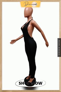 Women Sexy Solid Color Halter Deep V Neck Backless Clubwear Bodycon One Piece Jumpsuit One Piece Jumpsuit, Deep V Neck, Deep V, 1 Million, Jumpsuit, Solid Color, One Piece, V Neck, Color