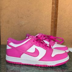 Nike Pink Low Top Dunks Size 5.5 In Great Condition Wore About 4 Times Don’t Have Original Boxing Sporty Pink Slip-on Skate Shoes, Pink Basketball Shoes With Round Toe, Pink Skate Shoes With Cushioned Footbed, Hot Pink Dunks, Pink And White Dunks, Low Top Dunks, Pink Dunks, Pink Low Top, Trendy Shoes Sneakers