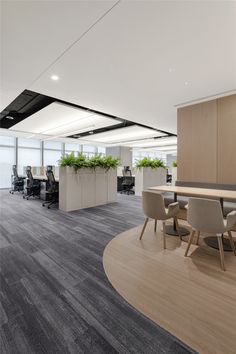 an office with wood flooring and plants on the desks, along with chairs