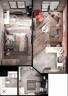 an aerial view of a bedroom and living room in a small apartment with wood flooring