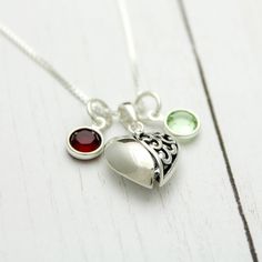 "Heart Locket Necklace, I LOVE YOU Secret Message Necklace, Heart Jewelry, Sterling Silver Heart Necklace, Unique Anniversary Gift for Her Perfect Valentine's Day or Anniversary Gift! I LOVE YOU inside a decorative heart locket charm. Add his and hers birthstones to personalize. Comes with a sterling silver chain in the length and style of your choice. When ordering, please include: 1) Birthstone choice ENTER PERSONALIZATION IN THE \"NOTES\" BOX DURING CHECKOUT. --------------------------------- Sterling Silver Heart Charm Birthstone Necklace, Sterling Silver Heart Birthstone Necklace, Heart Charm Birthstone Necklace For Valentine's Day, Double Heart Birthstone Charm Necklace For Gift, Heart Charm Birthstone Necklace For Mom On Valentine's Day, Double Heart Birthstone Charm Necklace As Gift, Heart-shaped Birthstone Charm Necklaces For Mom, Valentine's Day Gift Heart Charm Birthstone Necklace For Mom, Heart-shaped Birthstone Necklace For Mom On Valentine's Day