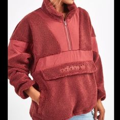 This Is Very Warm And Thick, It Is Also Very Oversized, Size Down, I Usually Wear A Medium And This Fits Me Great, Love This, It Is A Xs But I Am Going To Put Small Medium Because It Fits More Like That Sporty Sherpa Fleece Jacket For Fall, Trendy Fleece Jacket With Pockets, Trendy Winter Sweatshirt With Pockets, Fall Sherpa Fleece Jacket For Streetwear, Sporty Sherpa Outerwear With Pockets, Red Fleece Winter Outerwear, Cozy Tops With Pockets For Cold Weather, Red Fleece Jacket For Fall, Red Fleece Jacket With Fleece Lining For Winter