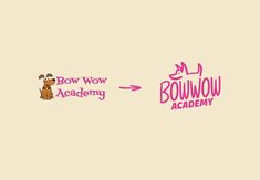 the logo for bow wow academy and bow wow academy is shown in pink on a beige background