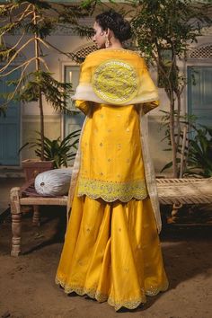 Buy Surbhi shah Yellow Marodi Embroidered Silk Kurta Sharara Set Online | Aza Fashions Yellow Tussar Silk Sets For Transitional Season, Embroidered Yellow Dola Silk Palazzo Set, Transitional Yellow Embroidered Sharara, Transitional Embroidered Yellow Sharara, Yellow Art Silk Salwar Kameez With Gota Work, Yellow Dola Silk Palazzo Set With Zari Work, Yellow Dola Silk Traditional Palazzo Set, Traditional Yellow Dola Silk Palazzo Set, Yellow Slub Silk Bollywood Set