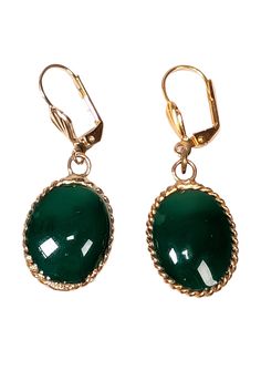 The Marguerite de Valois earrings will make you the envy of every special occasion. With a unique green stone and gold-colored twist rim design, they'll add a touch of elegance and playfulness to any outfit. Leave everyone green with envy with these stunning dangle earrings! Green center stone Gold colored Snap closure Dangle earring Length 1.5" Classic Green Clip-on Earrings, Classic Green Drop Earrings, Formal Green Nickel-free Earrings, Elegant Nickel-free Green Earrings, Elegant Green Nickel-free Earrings, Green Dangle Earrings For Formal Occasions, Elegant Green Cabochon Earrings, Formal Green Dangle Earrings, Elegant Jade Earrings For May Birthstone