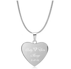 Our custom engraved silver heart necklace is a great gift that can be personalized for that special someone. Great for bridesmaid, flower girls, best friends, or the love of your life. Engrave the heart with names, dates, or a message of love. If you would like to engrave a heart between the names, you can simply write "heart" in the desired location. Both sides of the heart pendant can be engraved. This high polished stainless steel pendant will never tarnish or fade or change color. Dimensions: 1" x  1" Material Stainless Steel Medium Size Heart A chain is included with the heart pendant Upon purchase you can send the text you would like engraved. If the engraving is too long or needs to be revised in any way, you will be contacted in a reply message with the revision that is required. Y Silver Laser Engraved Jewelry For Anniversary, Engraved White Heart Necklace For Mother's Day, White Engraved Heart Necklace For Mother's Day, Heart-shaped Laser Engraved Jewelry For Valentine's Day, Valentine's Day Laser Engraved Sterling Silver Jewelry, Laser Engraved Silver Jewelry For Anniversary Gift, Silver Laser Engraved Jewelry For Anniversary Gift, Double Heart Stainless Steel Necklace For Anniversary, Valentine's Day Personalized Laser Engraved Jewelry