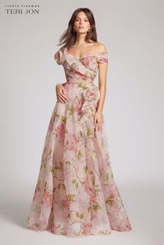 Off the Shoulder Organza Floral Gown Floral Dress Organza, Elegant Pink Floral Dress, Floral Mother Of The Bride Dress, Organza Material Dresses, A Line Dress Formal, Floral Organza Dress, Organza Gowns, Ruffle Gown, Bride Floral