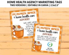 two signs with pumpkin spice and hot chocolate in them on wooden background for health awareness