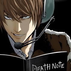 an anime character is reading a book with headphones on his ears and holding a microphone