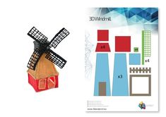 a paper model of a windmill next to it's instructions