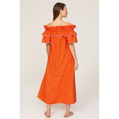 Orange cotton (100% Cotton). Shift. Short sleeves. Off the shoulder. Pull on. 48" from bust to hemline. Imported. Spring Cotton Off-shoulder Dress, Off-shoulder Daywear Dresses With Ruffles, Off-shoulder Ruffle Dresses For Daywear, Cotton Off-shoulder Dress For Brunch, Off-shoulder Cotton Dress For Brunch, Chic Off-shoulder Cotton Midi Dress, Off-shoulder Cotton Midi Dress For Spring, Spring Orange Cotton Dress, Orange Cotton Dress For Spring