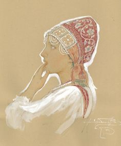 a drawing of a woman wearing a headdress and holding her hand to her face