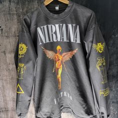 Custom Designed Tee On La Apparel Vintage Black Fade Long Sleeve Shirt. May Have Slight Thrashing Or Rips/Runs Available In Small To Xl Distressed Long Sleeve Shirt, La Apparel, Distressed Long Sleeve, Black Fade, Long Sleeve Graphic Tees, La Outfits, Cool Outfits For Men, Clothes Shopping, Concert Tshirts