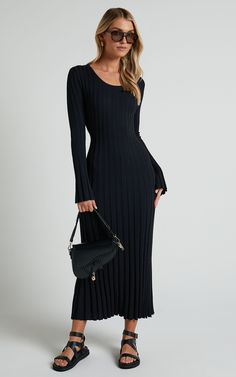 Blaire Midi Dress - Long Sleeve Tie Back Flare Dress in Black | Showpo USA Fall Viscose Maxi Dress, Long Viscose Dress For Fall, Viscose Long Maxi Dress For Fall, Long Sleeve Viscose Maxi Dress For Fall, Black Long Sleeve Viscose Maxi Dress, Evening Long Sleeve Ribbed Sweater Dress, Evening Ribbed Long Sleeve Sweater Dress, Evening Ribbed Sweater Dress With Long Sleeves, Black Ribbed Long Sleeve Maxi Dress