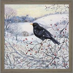 a painting of a black bird perched on a branch in the snow with berries all around