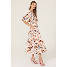 Blush floral cotton (100% Cotton). A-line. Crew neck. Short sleeves. Back button closure. 51.5" from shoulder to hemline. Imported. Spring Cotton Midi Dress With Ruffle Hem, Spring Peach Midi Dress For Garden Party, Spring Feminine Cotton Midi Dress, Feminine Cotton Midi Dress For Spring, Peach Floral Print Midi Dress, Chic Peach Midi Dress With Floral Print, Peach Knee-length Midi Dress For Spring, Feminine A-line Floral Dress For Brunch, Spring Floral Cotton Midi Dress