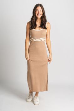 Square neck midi dress tan - Cute dress - Trendy Dresses at Lush Fashion Lounge Boutique in Oklahoma City Affordable Dresses, Ladies Boutique, Square Neck, Cute Dresses, Casual Looks, Midi Dress, Boutique, Dresses, How To Wear