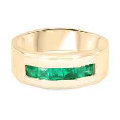 Yellow Gold Rectangular Channel Set Rings, Rectangular Yellow Gold Rings Channel Set, Rectangular Channel Set Yellow Gold Ring, Anniversary Emerald Ring With Bezel Setting, Formal Rectangular Emerald Ring With Polished Finish, Gold Emerald Ring With Channel Set Emerald Cut, Anniversary Emerald Ring With Rectangular Stone In 14k Gold, Rectangular Emerald Ring In Yellow Gold, Yellow Gold Channel-set Emerald Ring For Anniversary