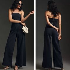 Brand New Anthropologie Pilcro Strapless Polished Wide-Leg Denim Jumpsuit Never Worn 61% Cotton, 39% Lyocell Front Patch And Back Welt Pockets Pull-On Styling Machine Wash Color Is Closer To Black/Dark Grey Comes In Original Anthro Packaging Dimensions: 15.5" Pit To Pit (Slightly Stretched) 14" Across Waist Lying Flat 51" In Length 30" Inseam 15" Leg Opening Chic Sleeveless Denim Jumpsuit For Night Out, Chic High Rise Strapless Jumpsuit For Summer, Chic Strapless Denim Jumpsuits And Rompers, Chic Strapless High Rise Jumpsuit For Summer, Chic High Rise Strapless Jumpsuit, Fitted High Waist Cotton Strapless Jumpsuit, Chic Strapless Denim Jumpsuit For Summer, Chic Strapless Denim Jumpsuit, High Rise Denim Jumpsuit For Summer Nights