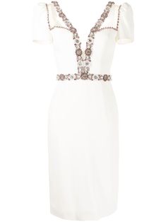 ivory mesh panelling gemstone detailing crystal embellishment bead detailing plunging V-neck short sleeves V-back concealed rear zip fastening knee-length central rear vent straight hem Elegant Short Sleeve Embellished Midi Dress, Jenny Packham Dresses, Dressy Hats, Midi Pencil Dress, Jenny Packham, Crystal Embellishment, Pencil Dress, Cocktail Dress Party, Dress Making