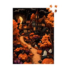 a halloween scene with pumpkins and ghost