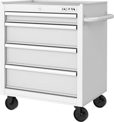 The Kobalt 26-In 4-Drawer White Cabinet is great for storing and organizing all your tools and hardware. The unit is made from high grade all welded steel construction with a tough, rust-resistant powder coat finish. 4 Drawers are all full-extension and glide effortlessly on ball-bearing slides that can support up to 50 lbs. An ergonomic handle and 4 in. x 1.25 in. casters allow you to easily move your cabinet around your workspace. Total weight capacity of the unit is 600lbs. The cabinet has lo Festival Vendor, Craftsman Tools Chest, Rolling Carts, Rolling Drawers, Canvas Tool Bag, Studio Storage, Brow Studio, Kitchen Custom, Craftsman Tools