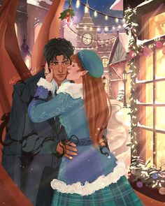 a man and woman are hugging in front of a window with christmas lights on it