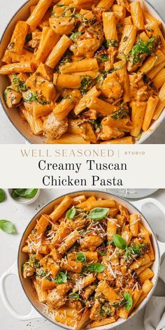 two pans filled with creamy tuscani chicken pasta