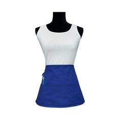 a blue and white apron on a mannequin