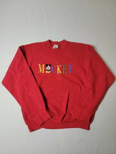 Vintage Disney Store Crew Neck Sweatshirt; Youth Large; Mickey Red. Gently used with some stains - please see pictures which include measurements. Feel free to ask questions Ships in 1-2  business days after payment. Thank you for your interest Lot K 10 Vintage Disney, Vintage Sweatshirt, Disney Store, Crew Neck Sweatshirt, Graphic Sweatshirt, Feel Free, Thank You, Ships, Crew Neck