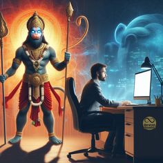 a man sitting at a desk in front of a computer with a demon on it