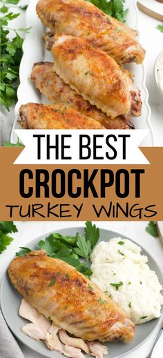 Collage of plateful of slow cooker turkey wings at top and bottom. Crock Pot Turkey Wings, Turkey Wing Recipes Crockpot, Crockpot Turkey Wings, Slow Cooker Turkey Wings, Wings Recipe Crockpot, Crock Pot Turkey, Smoked Turkey Wings, Herb Turkey, Slow Cooker Turkey Breast