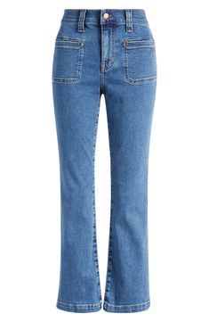 An evolution of the brand's fan-fave fit, these mid-rise cropped jeans have angled front welt pockets and kicked-out flares with leg-elongating center seams. 26 1/2" inseam; 18" leg opening; 10 1/2" front rise; 15" back rise (size 29) Zip fly with button closure Front welt pockets; back patch pockets 98% cotton, 2% elastane Machine wash, tumble dry Imported Dark Wash Cropped Leg Flare Jeans With Contrast Stitching, Dark Wash Flare Jeans With Contrast Stitching, Cropped Leg, Cropped Leg Dark Wash Flare Jeans With Contrast Stitching, Mid-rise Flare Jeans With Contrast Stitching In Medium Wash, Denim Flare Jeans With Contrast Stitching, Cropped Leg Denim Flare Jeans With Contrast Stitching, Cropped Leg Flare Jeans With Contrast Stitching, Flared Cropped Jeans With Pockets, Spring Flared Cropped Jeans With Pockets