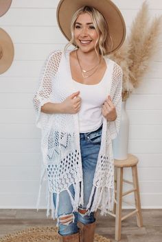 White Knit Fringe Open Front Cardigan Wink Wink, Lake Trip, Fringe Cardigan, All Eyes, Open Front Cardigan, Winter Sweaters, Front Open, Sweaters & Cardigans, Kimono Top