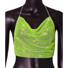 Neon rhinestone see through backless top. Summer Mesh Top With Built-in Bra For Night Out, Summer Party Mesh Top With Built-in Bra, Party Backless Halter Top With Built-in Bra, Stretch Halter Top With Built-in Bra For Party, Trendy Party Tank Top With Built-in Bra, Y2k Tops With Built-in Bra For Night Out, Y2k Halter Neck Tank Top For Party, Summer Backless Top For Night Out, Glamorous Backless Tank Top For Summer