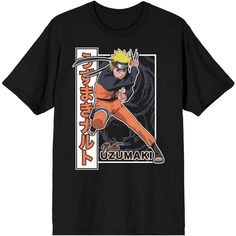 Rep your favorite manga series when you wear this men's black graphic t-shirt! Featured on the shirt is a big, colorful graphic of Naruto Uzumaki that has been professionally printed to ensure long-lasting print quality. The Naruto fan apparel tee shirt is black, with short sleeves for comfort and style in any weather. Made of 100% preshrunk cotton jersey, this popular manga series tee can be machine washed with like colors, then tumble dried for easy care. The Naruto Uzumaki tee is an officiall Black Anime T-shirt With Front Print, Black Pop Culture T-shirt For Fan Events, Black Casual T-shirt For Fan Events, Casual Black T-shirt For Fan Events, Black T-shirt With Graphic Print For Fan Events, Black T-shirt With Front Print For Fan Events, Black Fan Apparel T-shirt With Character Print, Black Graphic Tee With Anime Print, Black Fandom Graphic T-shirt