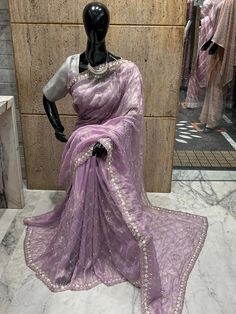 Hand Work Creations 💕 *Pure Tissue Organza sarees With Intricate Handwork Of Cutdana Stones sequence and pearls with scalloped border and Gorgeous Blouse* Unstitched Purple Pre-draped Saree With Dori Work, Purple Dola Silk Saree With Mirror Work, Purple Saree With Mirror Work For Eid, Purple Pre-draped Saree With Mirror Work For Eid, Purple Gota Work Saree For Navratri, Purple Saree With Gota Work In Traditional Drape, Purple Saree With Gota Work For Navratri, Purple Saree With Gota Work, Purple Pre-draped Saree With Dori Work